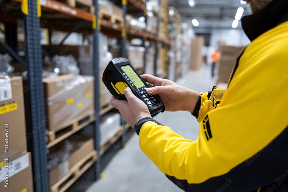 A warehouse worker uses a handheld device to manage inventory, surrounded by shelves filled with boxes in a well-organized space. A warehouse worker uses a handheld device to manage inventory, surrounded by shelves filled with boxes in a well-organized space.