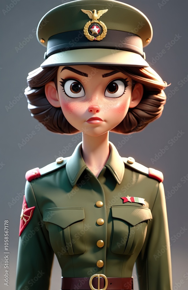 Animated military character with stylish uniform and determined expression Animated military character with stylish uniform and determined expression