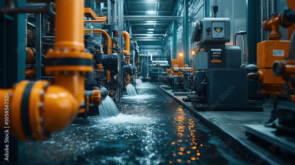 Fototapeta premium Industrial facility interior with orange piping and valves controlling water flow into a large channel, illuminated by artificial lighting in a modern manufacturing plant.