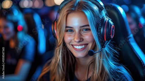 Close-up of a cheerful female gamer wearing a headset during an esports tournament, showcasing the excitement of competitive gaming.