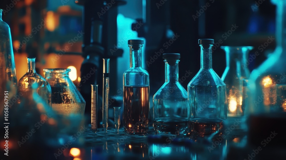 Chemical Lab - Glass Bottles and Test Tubes under Blue Light Chemical Lab - Glass Bottles and Test Tubes under Blue Light