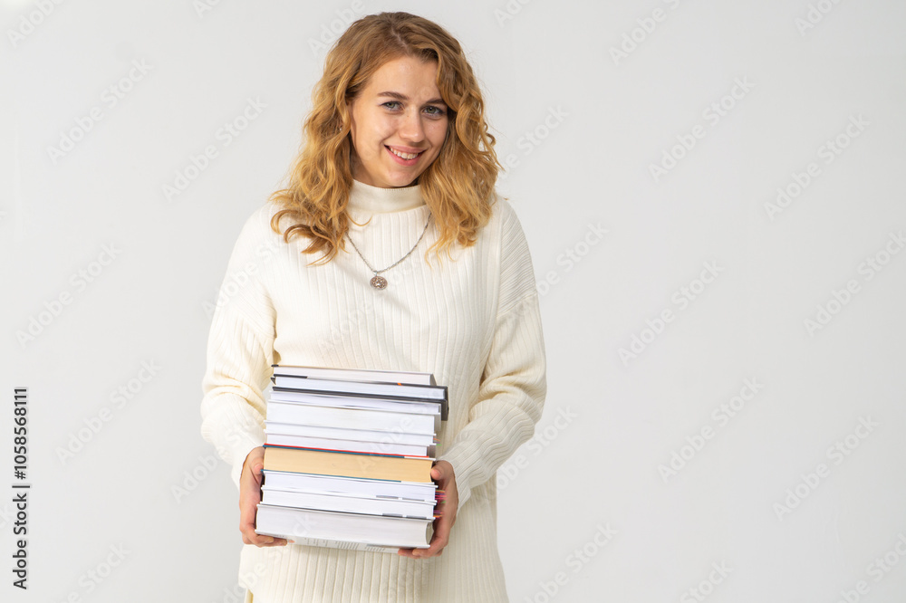 Cute young blonde girl with books in her hands, white background, copyspace Cute young blonde girl with books in her hands, white background, copyspace