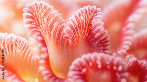 Macro close-up of a vibrant red striped flower coral, highlighting its intricate details and textures. This image captures the beauty of flower coral with ample copy space.