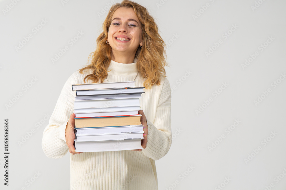 Cute young blonde girl with books in her hands, white background, copyspace Cute young blonde girl with books in her hands, white background, copyspace