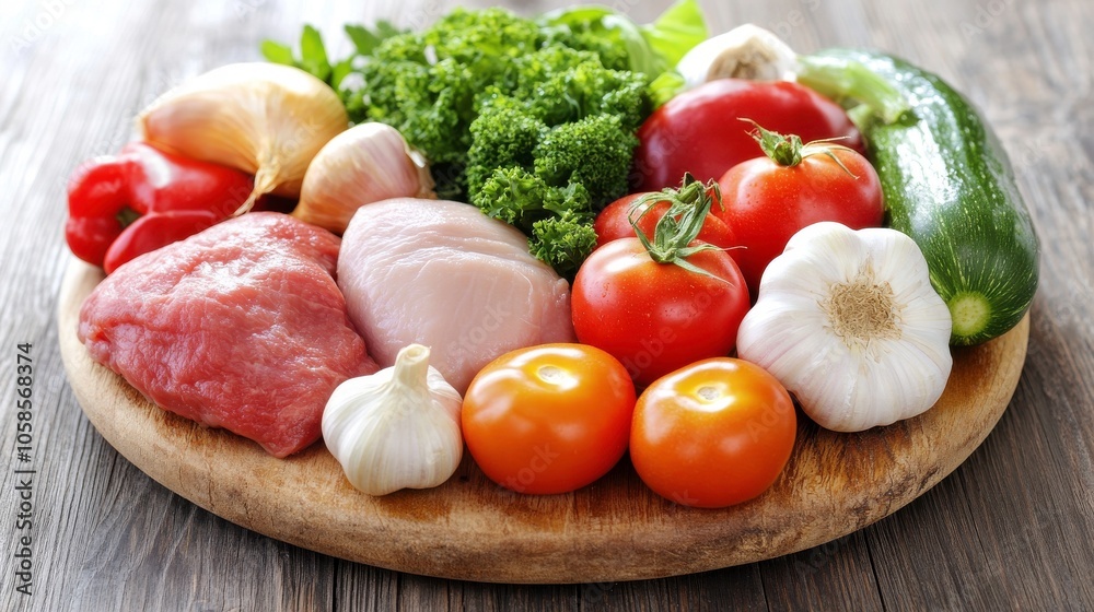 Fresh ingredients on a wooden platter for cooking. Fresh ingredients on a wooden platter for cooking.
