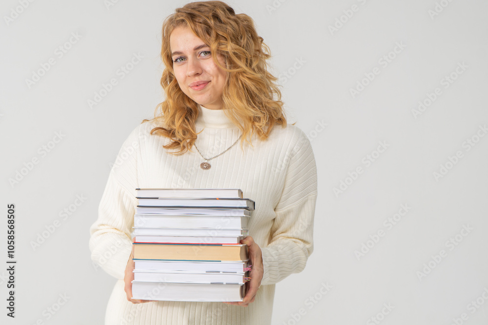 Cute young blonde girl with books in her hands, white background, copyspace Cute young blonde girl with books in her hands, white background, copyspace