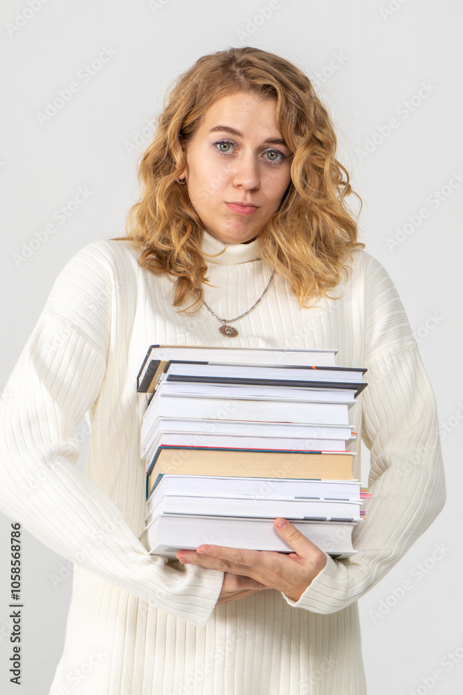 Cute young blonde girl with books in her hands, white background, copyspace Cute young blonde girl with books in her hands, white background, copyspace