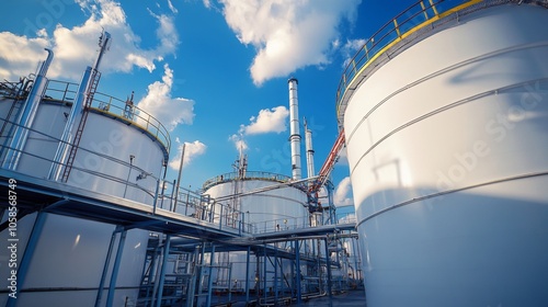 Large hydrogen storage tanks against a blue sky, symbolizing the future of hydrogen energy solutions photo