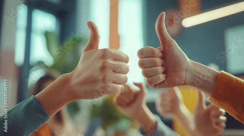 Success, thumbs up and group of people for thank you, support or teamwork hands winning, yes and like emoji. Great, okay and business women or team in collaboration, thanks and winner sign at office