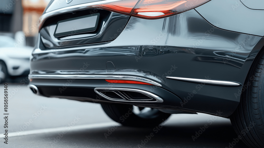Close-up view of a modern car's rear bumper showcasing dual exhaust pipes, sleek taillights, and a shiny metallic finish in an urban parking lot. Close-up view of a modern car's rear bumper showcasing dual exhaust pipes, sleek taillights, and a shiny metallic finish in an urban parking lot.