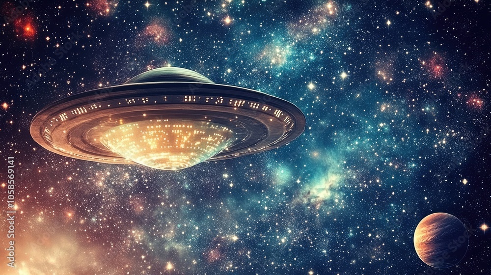 Futuristic UFO Over Colorful Cosmic Background Futuristic UFO Over Colorful Cosmic Background