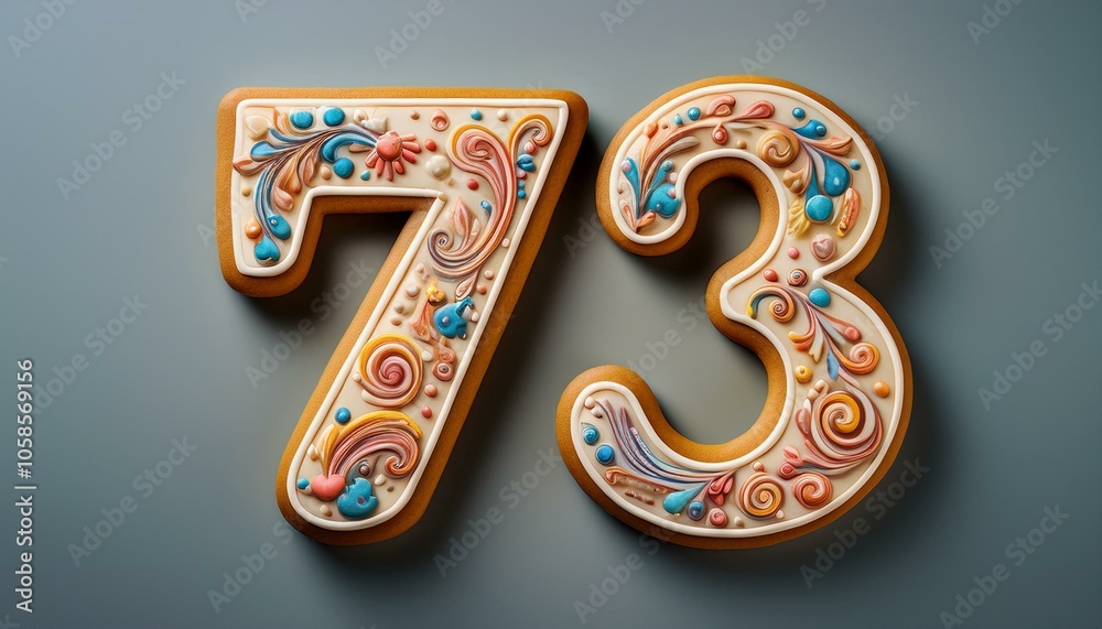 Decorated cookie, number 73, image for birthday or anniversary celebration Decorated cookie, number 73, image for birthday or anniversary celebration