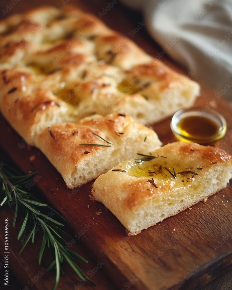Freshly baked olive and rosemary focaccia bread with a golden crust and dipping oil Freshly baked olive and rosemary focaccia bread with a golden crust and dipping oil