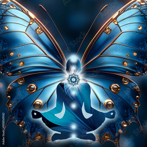 Throat Chakra (Vishuddha) Meditation. Human silhouette in yoga lotus pose, 7 Chakras Symbols, mystical blue butterfly background. Inspiration for meditation, transformation, chakra energy healing.