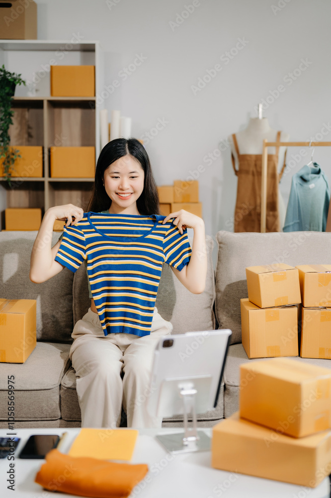 Fashion blogger concept, Young Asian women selling clothes on video streaming.Startup small business SME