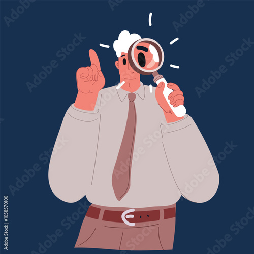 Serious young male detective holding magnifying glass by right eye while standing in front of camera over dark background