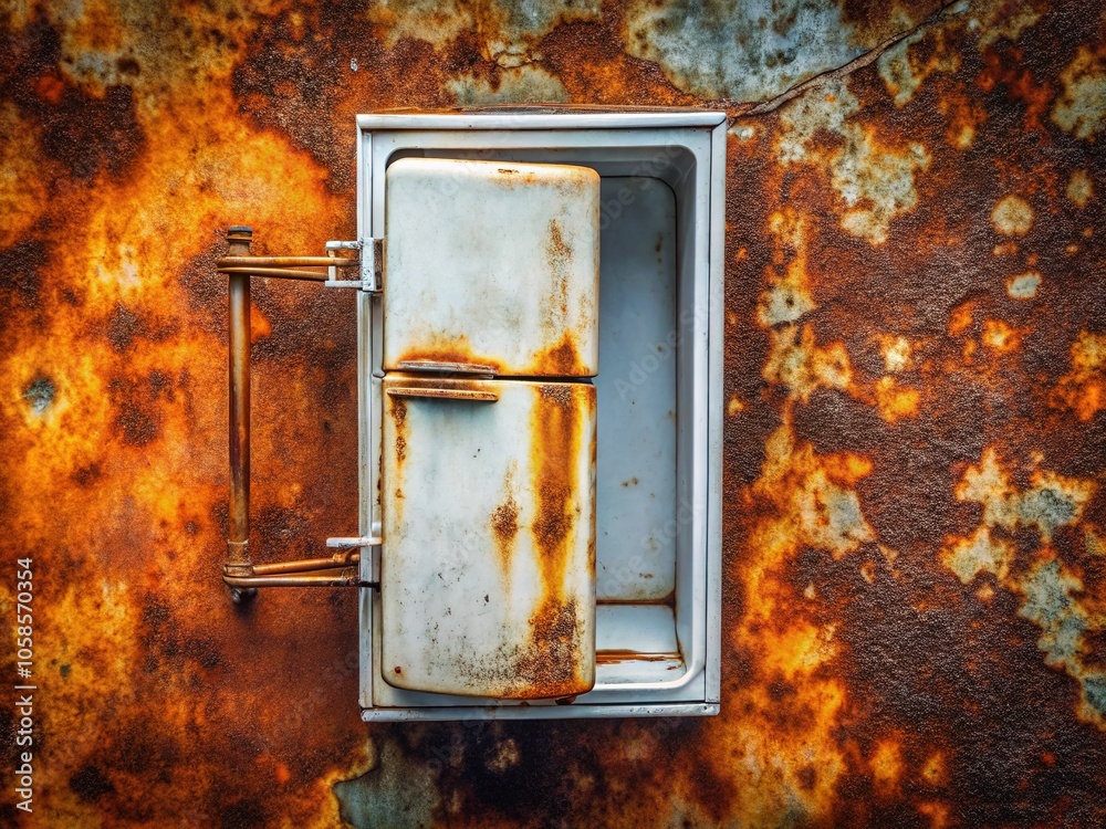 From above, a rusty white fridge, with a shallow depth of field, reveals the details of its weathered surface. From above, a rusty white fridge, with a shallow depth of field, reveals the details of its weathered surface.