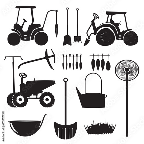 Farming instruments Silhouettes isolated on white background