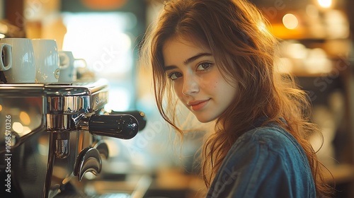 Woman Making Coffee in a Modern Coffee Shop Studio, Morning Routine, European Beauty