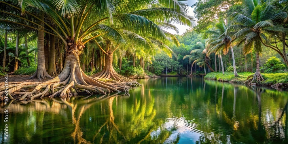 Palm tree roots sprawling under the surface of a tranquil pond surrounded by lush vegetation, roots, soothing, greenery Palm tree roots sprawling under the surface of a tranquil pond surrounded by lush vegetation, roots, soothing, greenery