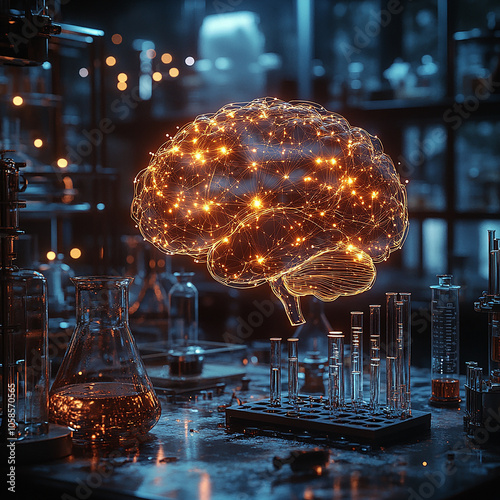A glowing brain sits on a lab table surrounded by scientific instruments. The image evokes a sense of innovation in AI.

