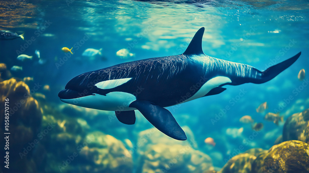 Fototapeta premium Orca whale exploring underwater ocean wildlife with aquatic marine animals in natural sea environment, capturing nature’s wild side and adventure in cold arctic waters, showcasing biodiversity
