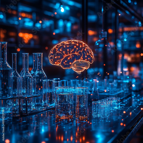 A glowing brain sits on a lab table surrounded by scientific instruments. The image evokes a sense of innovation in AI.

