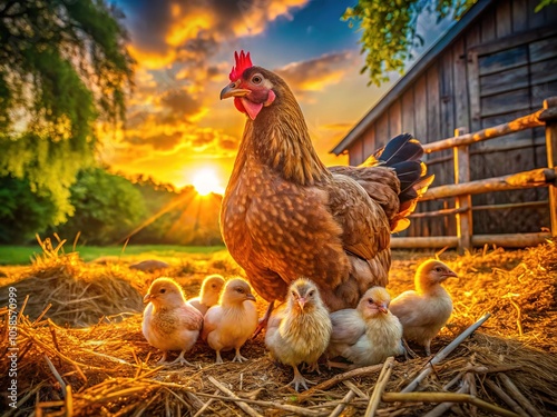 Gentle light paints a portrait of a protective mother hen and her chicks. photo