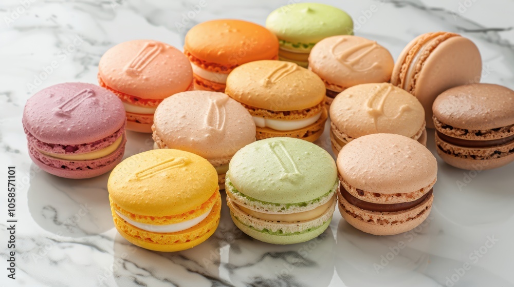 Fototapeta premium Assorted Macarons in Pastel Colors on Marble Display