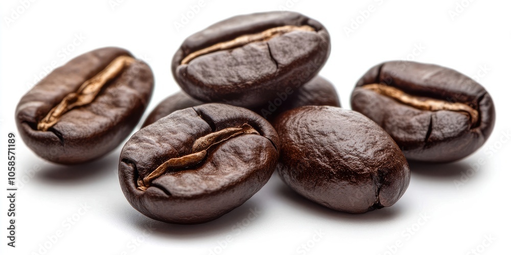 A collection of five roasted coffee beans is found on a white background. This close view highlights the dark brown roasted coffee seeds, which are rich in caffeine. A collection of five roasted coffee beans is found on a white background. This close view highlights the dark brown roasted coffee seeds, which are rich in caffeine.