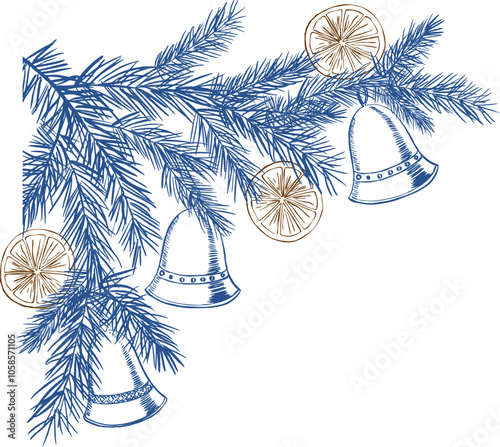 Pine Branches Christmas Blue Chinoiserie Line Art Illustration