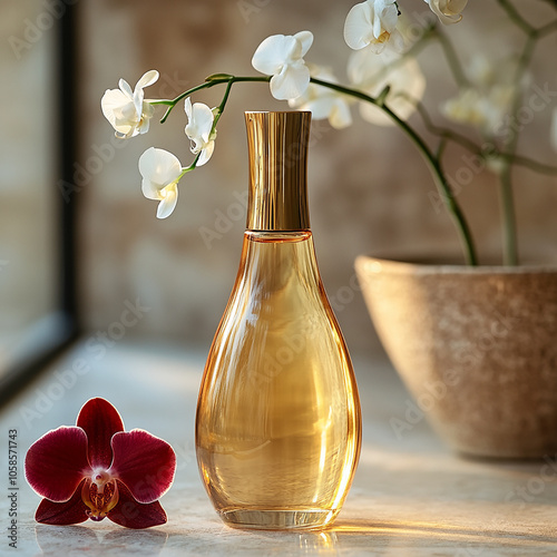A clear glass perfume bottle with a gold top sits on a marble surface. White and red orchids provide a delicate and colorful backdrop.

