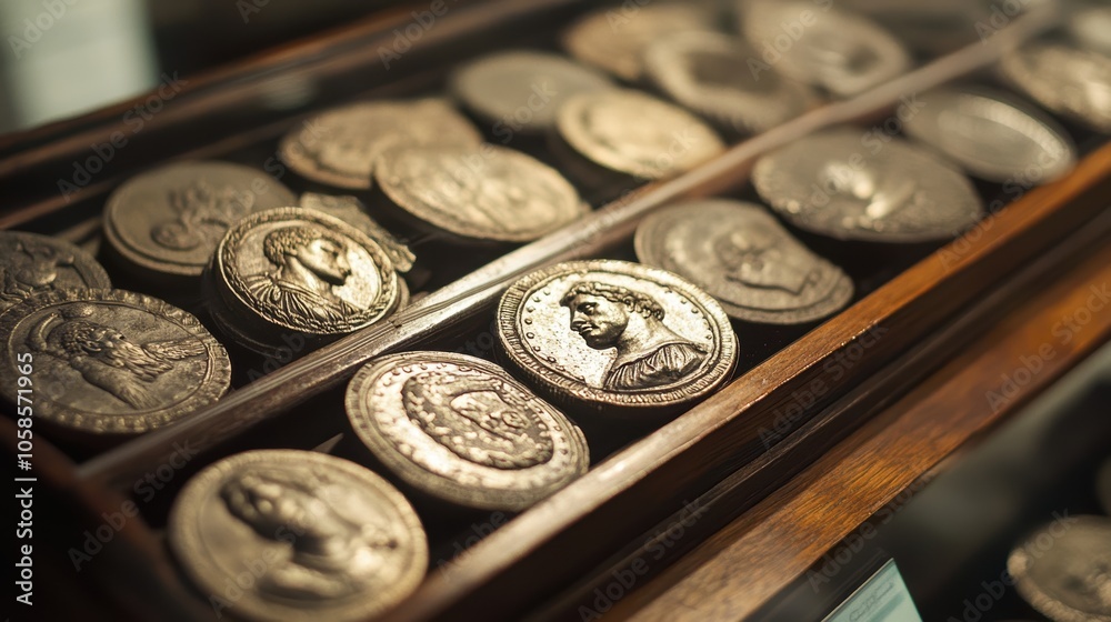 Roman Coins Displayed in Museum Case Roman Coins Displayed in Museum Case