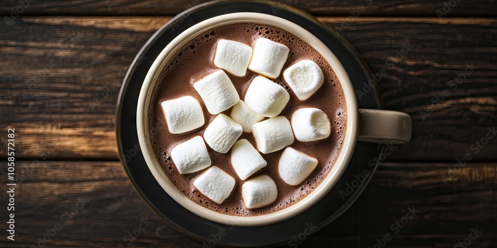 A steaming cup of hot chocolate topped with marshmallows is placed on a dark wooden table, seen from above. Enjoy the delightful sight from an overhead perspective. A steaming cup of hot chocolate topped with marshmallows is placed on a dark wooden table, seen from above. Enjoy the delightful sight from an overhead perspective.