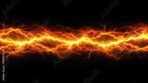 Panoramic seamless horizontal orange plasma lightning on black background