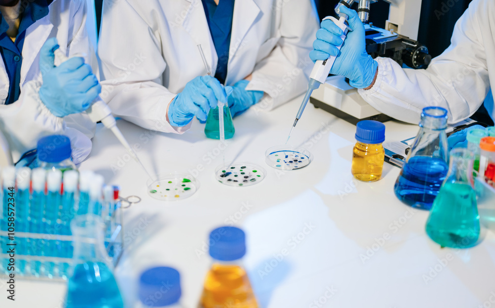 Fototapeta premium Scientist team with tablet and laptop, laboratory and ecofriendly science. Agriculture, research and scientists