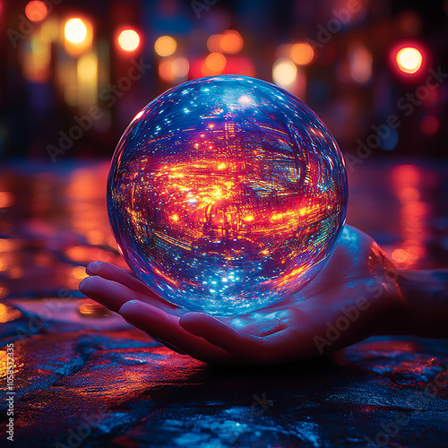 A hand holds a crystal ball, showcasing an inverted city view. It is vibrant with red, blue, and orange lights, evoking wonder and possibility.

