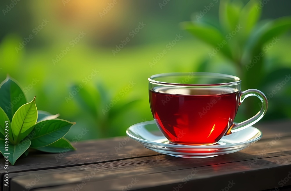 Hot tea against the backdrop of a tea plantation. Tea Day. Hot tea against the backdrop of a tea plantation. Tea Day.