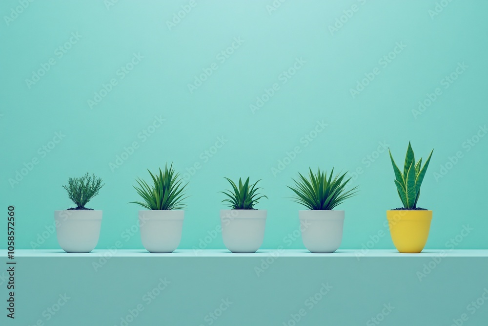 Fototapeta premium Minimalist Plant Arrangement: Green Plants in White Pots