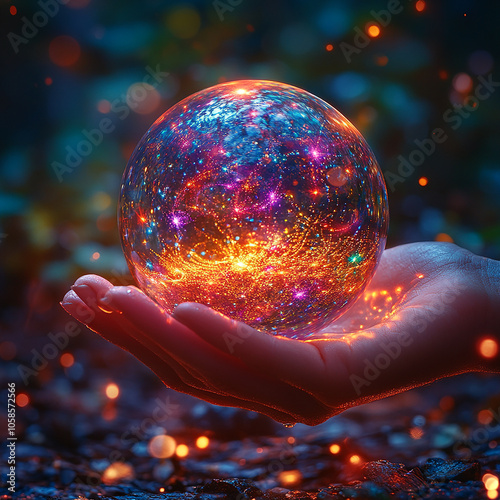 A hand holds a crystal ball, showcasing an inverted city view. It is vibrant with red, blue, and orange lights, evoking wonder and possibility.

