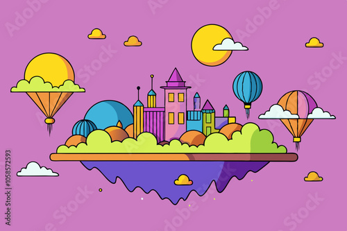 Whimsical Floating Island Skyline at Sunset: Fantastical Structures, Hot Air Balloons & Vibrant Flora Under a Colorful Sky