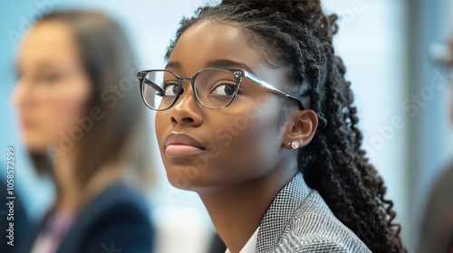 Focused Young Woman in Glasses