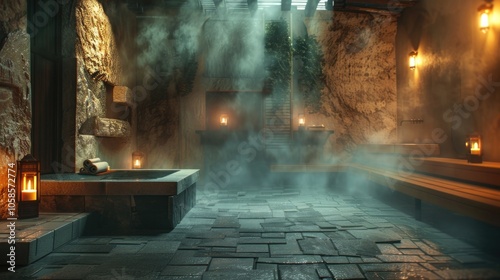 Steam bath with stone walls and cozy misty atmosphere, AI generated image