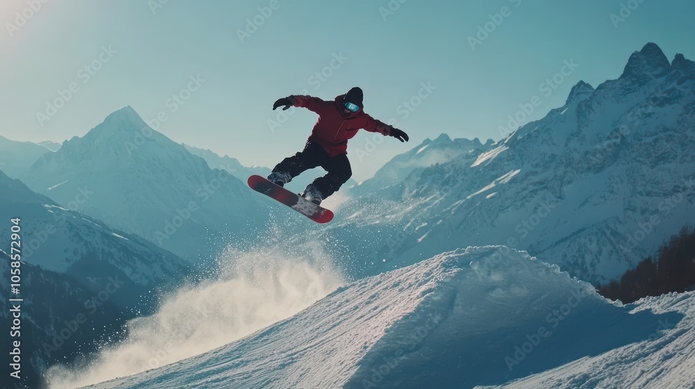 Snowboarder in Mid-Air Performing a Trick Over Snow