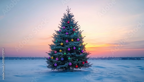 A beautifully decorated Christmas tree stands in a snowy landscape at sunset, celebrating the festive season.