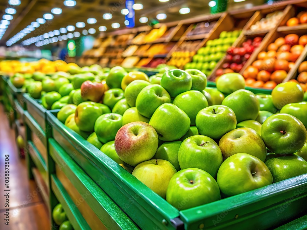 Green Apples in Box on Supermarket Shelves - Inflation, Local Farmers Market, Healthy Food Green Apples in Box on Supermarket Shelves - Inflation, Local Farmers Market, Healthy Food