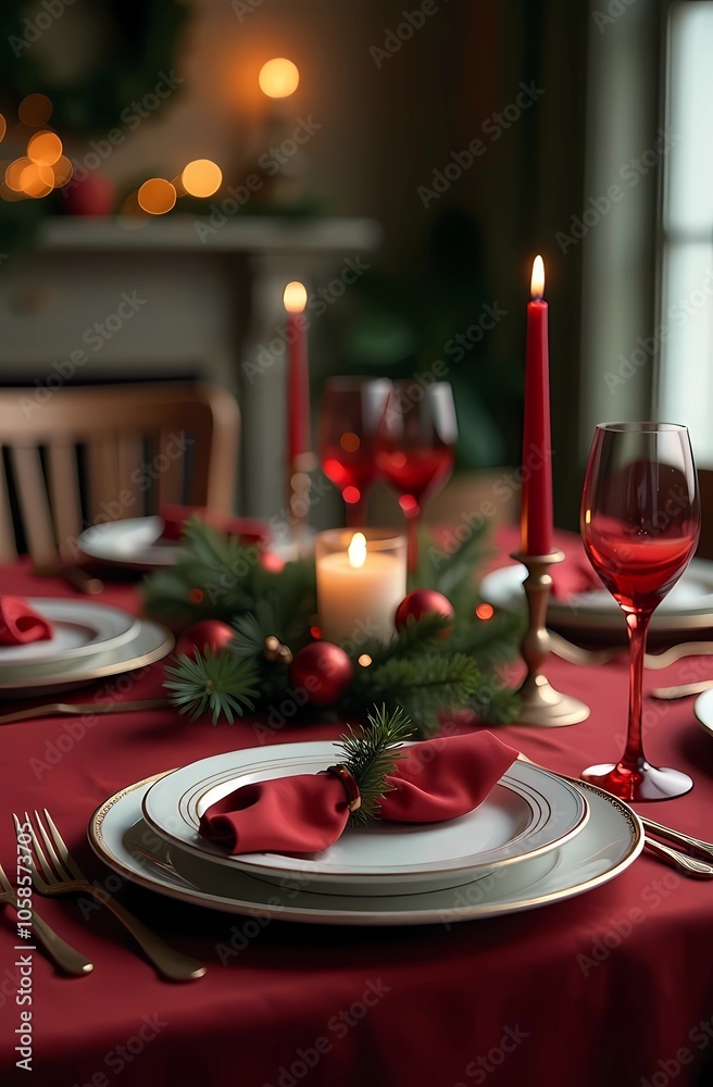 A smart festive Christmas table setting with red and green decor and festive tableware A smart festive Christmas table setting with red and green decor and festive tableware