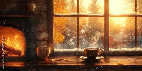 A warm cafe near the fireplace on a fall day, with a steaming coffee cup by the window as the first snowflakes of the season gently fall, signaling the arrival of winter. photo