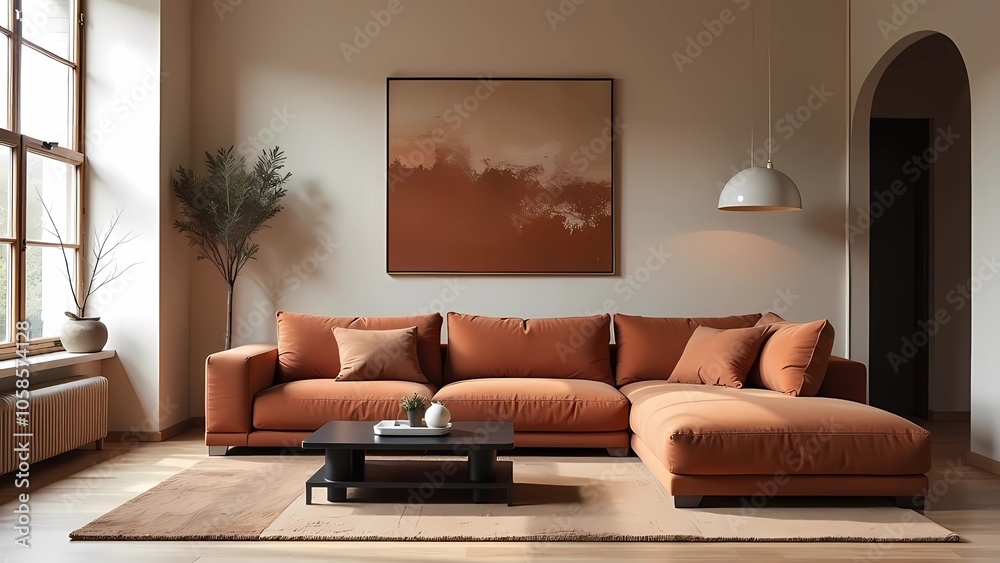 Modern living room design using beige and brown tones, with terracotta sofa, black coffee table and wall painting Modern living room design using beige and brown tones, with terracotta sofa, black coffee table and wall painting