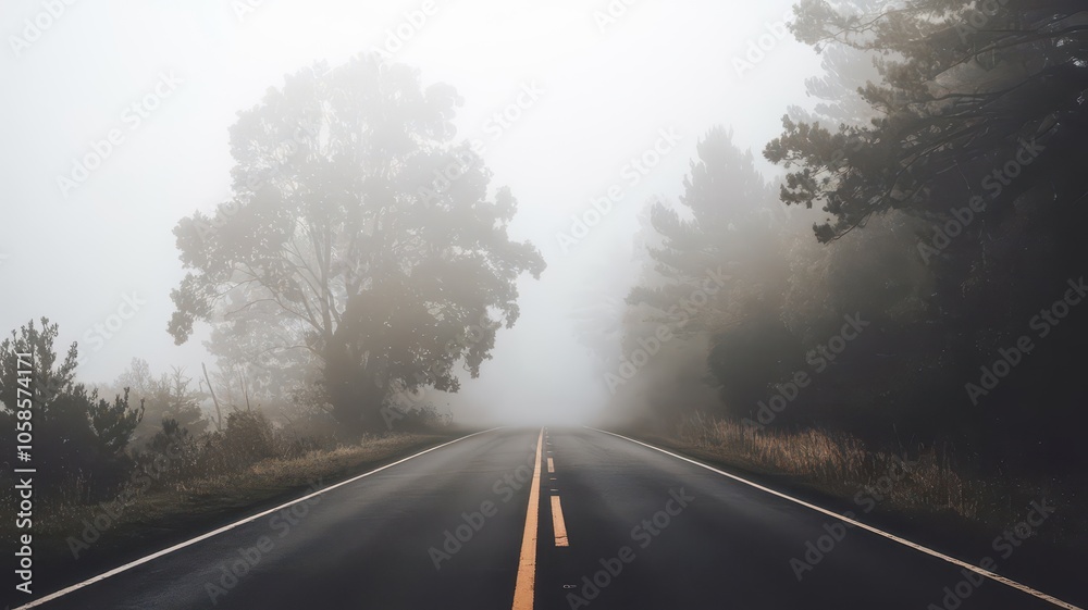 Fototapeta premium Fog on the road with nature isolated background view. Foggy road street with trees plants leaves. winter smog road with loneliness backgrond wallpaper